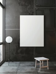 Contemporary interior scene featuring a blank white canvas mounted on a dark textured wall alongside a wooden stool and a spherical lamp