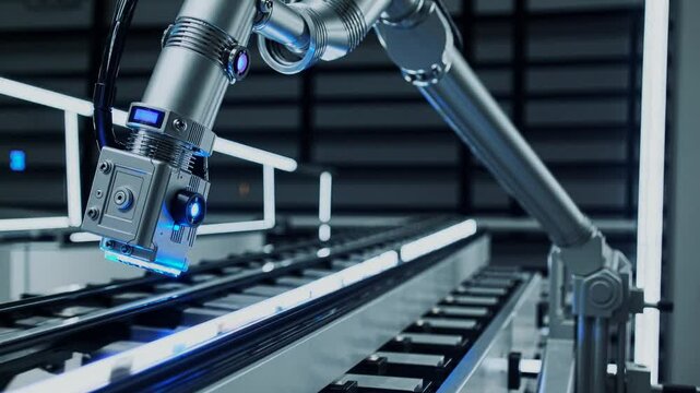 Precision driven robotic arm moving along assembly line, systematically scanning manufactured products with advanced technological capabilities for quality verification and industrial optimization
