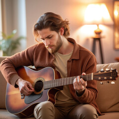 Obraz premium A man with a beard is playing a guitar on a couch. Scene is relaxed and casual, as the man is sitting comfortably while playing his instrument