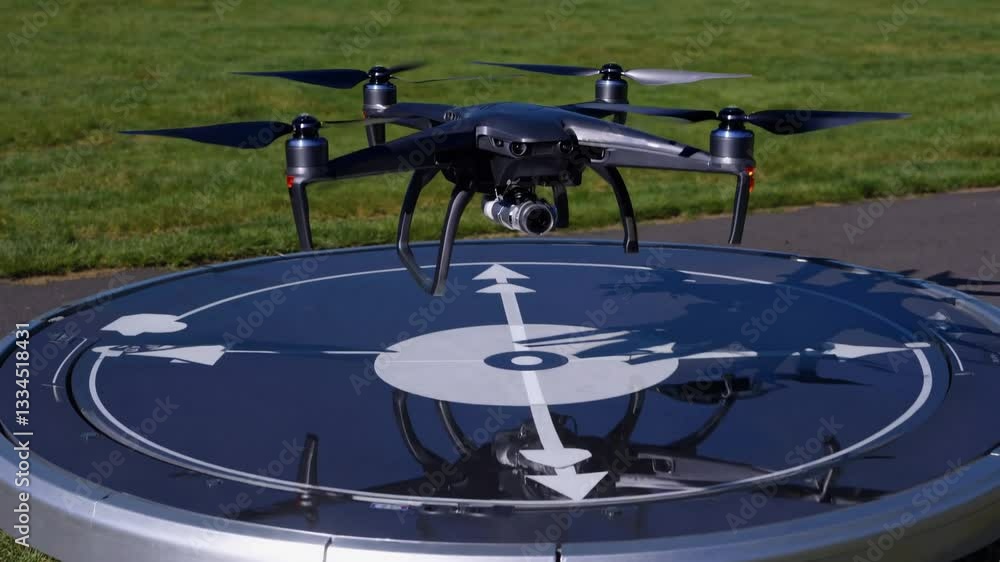 Poster advanced drone softly touching down on sleek technological platform, demonstrating precision autonom