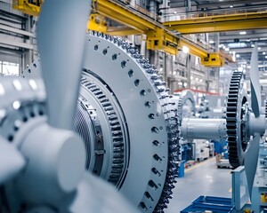 Close-up of a turbine engine component in a modern manufacturing facility. Highlighting precision engineering and advanced technology in industrial production.