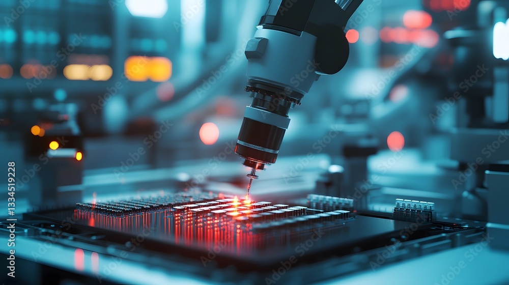 Poster close-up view of a robotic arm working on a microchip in a high-tech laboratory. the scene highlight