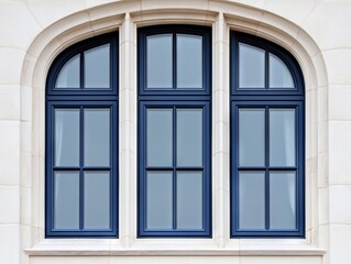 Fototapeta premium Elegant Dark Blue Triple Arch Windows Urban Architecture Design Element Contemporary Environment Front View Aesthetic Appeal