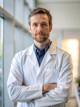 A man in a white lab coat is standing in front of a window with his arms crossed. He has a serious expression on his face