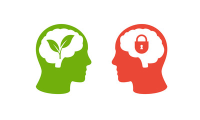 Illustration of green head with plant and red head with lock, exploring ideas and security.