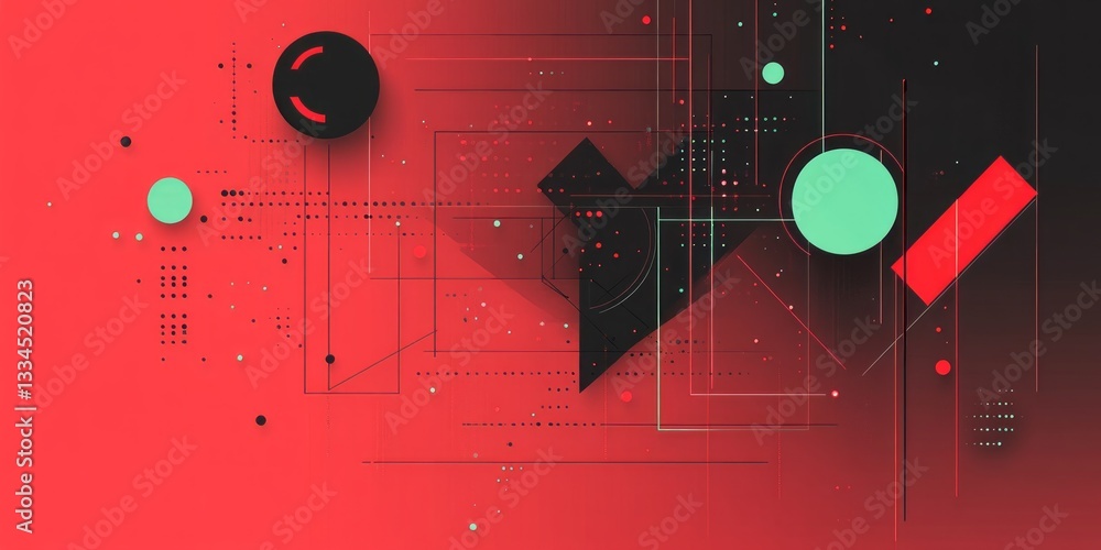 Poster abstract geometric shapes float against a red and black gradient