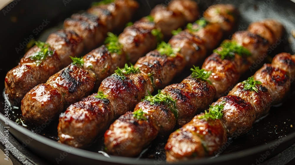 Poster kebabs cooking in a pan on a clean background with copy space