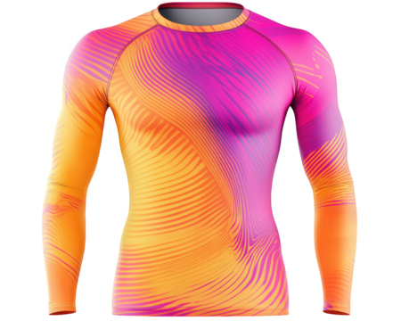 Sporty long sleeve rash guard featuring vibrant orange and pink wave patterns, ideal for water sports and outdoor activities. Offers UV protection and comfort