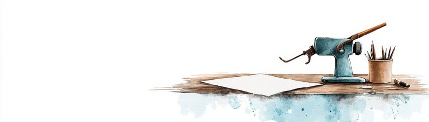 An artistic workspace featuring a vintage paintbrush, pencil, and blank paper on a wooden table, ideal for creative inspiration.