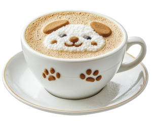 coffee cup with adorable dog shaped foam design, featuring playful paw prints on cup. This delightful beverage is perfect for dog lovers and adds cheerful touch to any coffee break