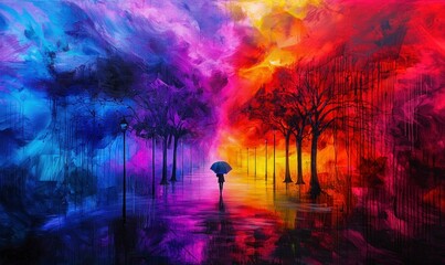 A lone figure with an umbrella walks on a vibrant street in this colorful abstract painting.