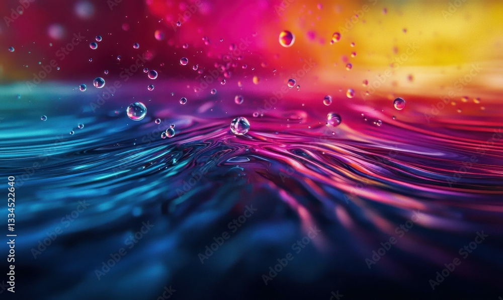Poster mesmerizing macro shot of water droplets creating colorful waves and a captivating abstract pattern.