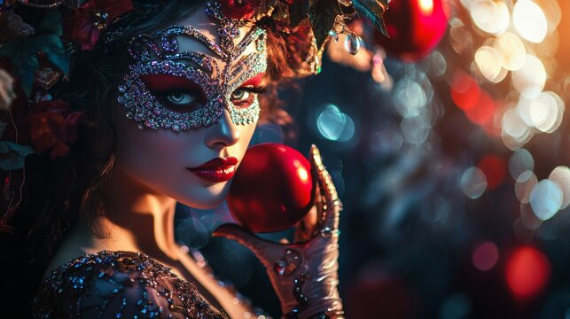 Mysterious woman in carnival mask holding an apple
