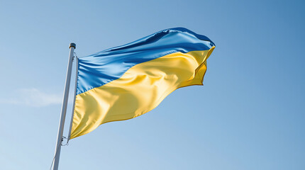Fototapeta premium Ukrainian flag waving in blue sky, national symbol of Ukraine, patriotic emblem, yellow and blue colors representing freedom and independence