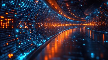 Futuristic data tunnel with glowing binary code