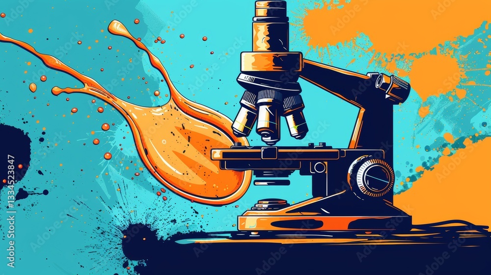 Poster laboratory microscope icon with dynamic splash effect symbolizing chemistry and scientific discovery