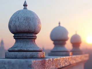 Majestic Stone Architectural Finials at Sunset Historic Rooftop Detail Photography Urban Landscape Serene View Classic Design