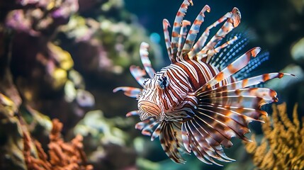 A close-up of a lionfish swimming in a coral reef