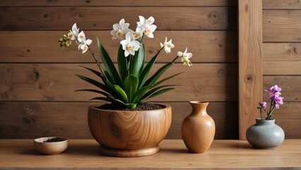 Orchid in a wooden vase with other wooden bowls. Elegant, natural design perfect for still life, home decor, or floral themes.