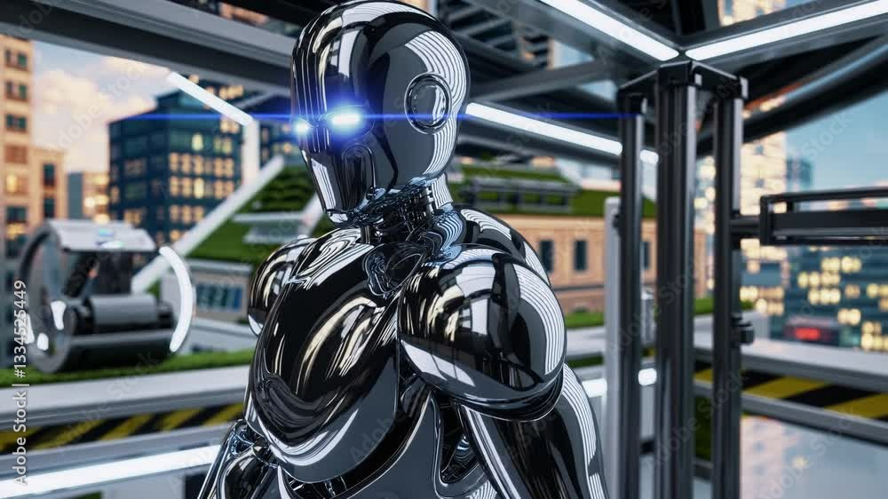 Poster metallic robot performing tasks in an automated recycling facility, showcasing advanced technology i