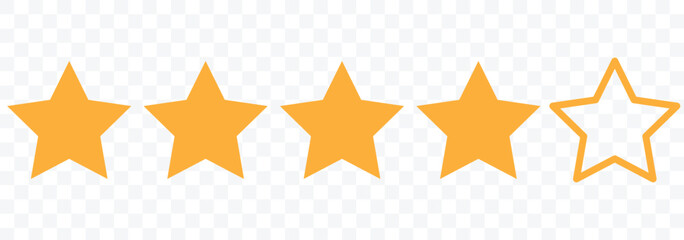 4 star out of 5 star icon. Feedback or Rating. Four star rating icons. Yellow five star sign with text for app, website, ui design element. Vector illustration.