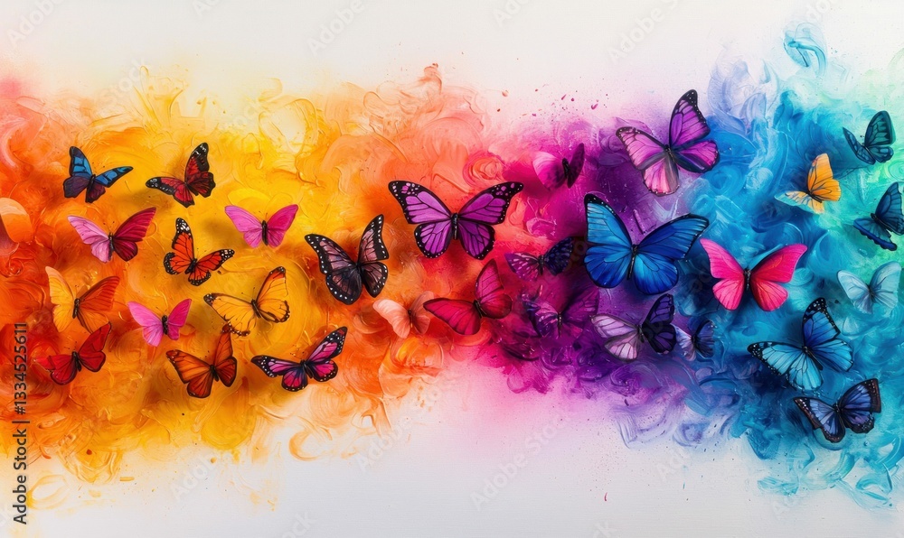 Poster a vibrant array of colorful butterflies creates a mesmerizing rainbow effect on a dreamy background.