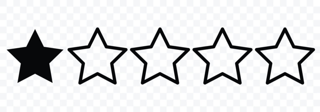 One out of five stars customer product review icon. 1 star out of 5 customer star rating. Star icon. Vector illustrator