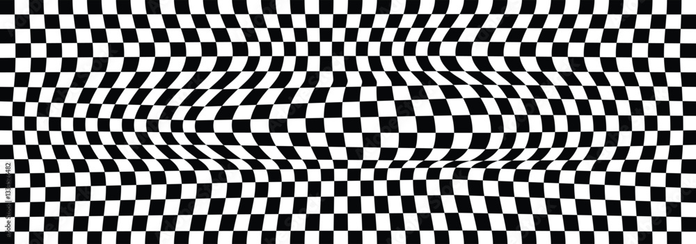 Poster black and white checkerboard mess pattern background. groovy wave psychedelic checkerboard backgroun