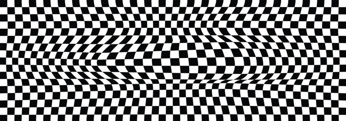 Black and white checkerboard mess pattern background.  groovy wave psychedelic checkerboard background. Distorted geometric pattern. Abstract monochrome vector backdrop. Vector illustrator