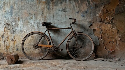 An old, rusty bicycle leaning against a weathered wall, showcasing vintage charm and character in an abandoned setting.