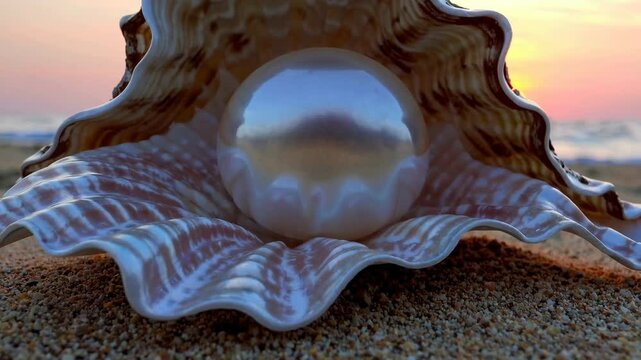 Close-up of pearl in seashell on sandy beach at sunrise. Natural beauty concept