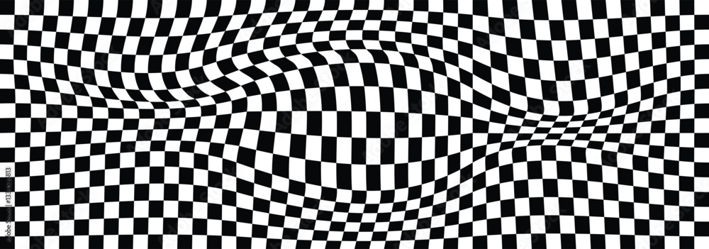 Poster black and white checkerboard mess pattern background. groovy wave psychedelic checkerboard backgroun