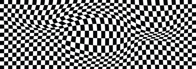 Black and white checkerboard mess pattern background.  groovy wave psychedelic checkerboard background. Distorted geometric pattern. Abstract monochrome vector backdrop. Vector illustrator