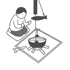 囲炉裏で暖を取る人