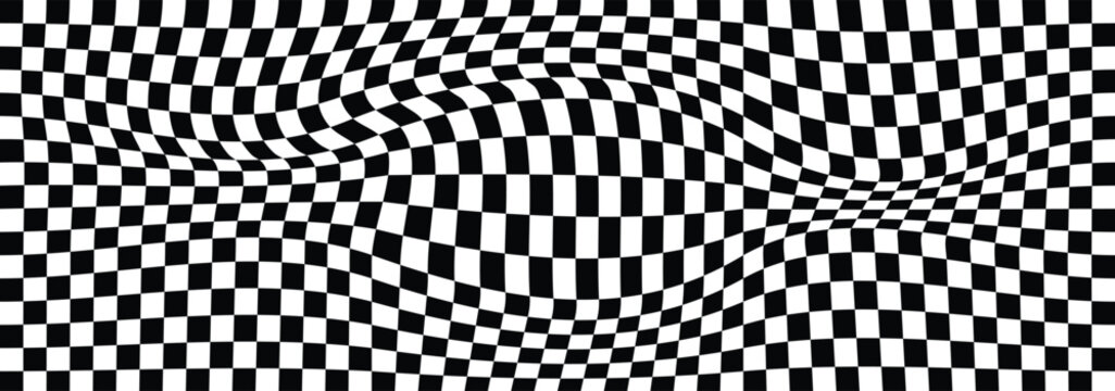 Black and white checkerboard mess pattern background.  groovy wave psychedelic checkerboard background. Distorted geometric pattern. Abstract monochrome vector backdrop. Vector illustrator