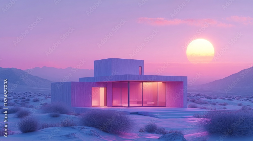Poster a stunning structure stands alone in a tranquil desert, bathed in the warm glow of a setting sun. so