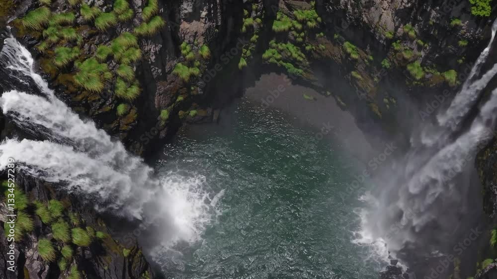 Poster water cascades down rocky cliffs, creating a mesmerizing waterfall that flows into a serene pool bel