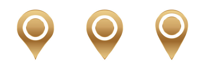 Three golden map pointer icons are aligned horizontally, each featuring a circular design element.