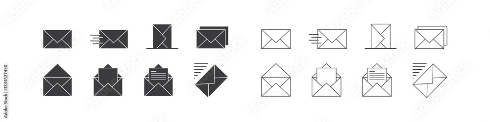 Poster envelope mail icon set. newsletter web buttons. close email letter outline vector symbol. flat thin 