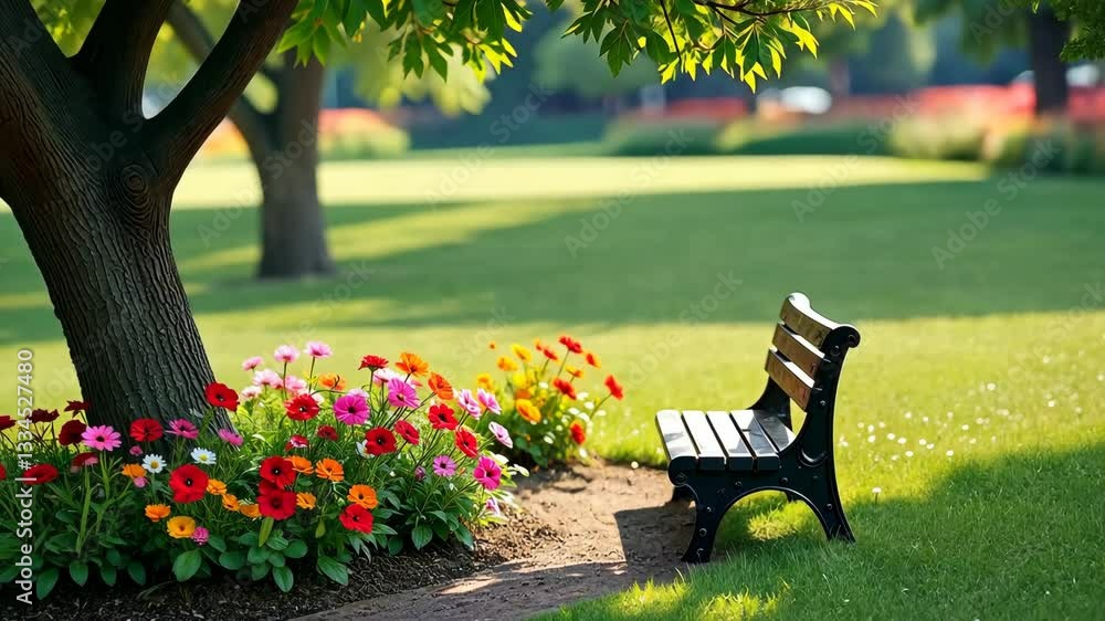 Poster a bench is in a park with a tree behind it. the bench is black and there are flowers in the backgrou