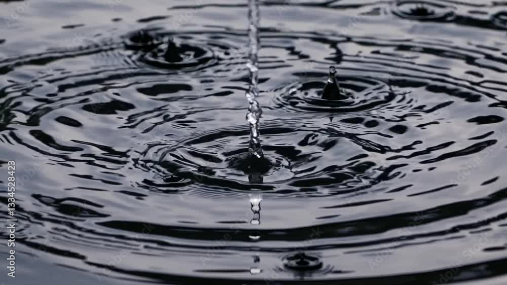 Poster raindrops creating expanding concentric ripples across calm water surface, generating mesmerizing ci
