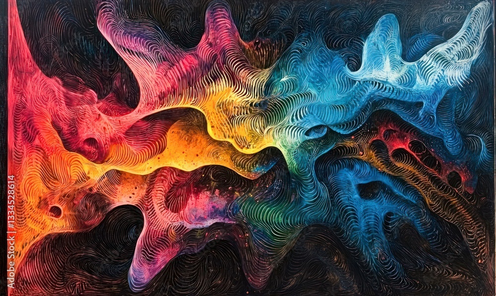 Poster a vibrant abstract painting showcases flowing lines of color and texture on a dark backdrop.
