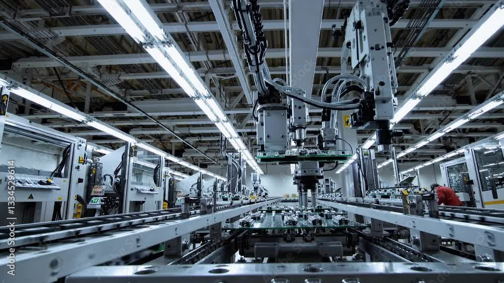 Poster robotic arms working on a modern assembly line, performing precise operations on electronic componen