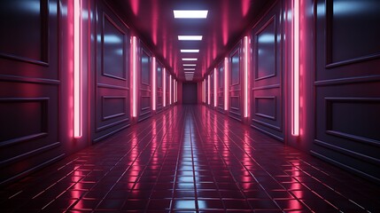 Neon Pink Hallway: A Futuristic Corridor with Glowing Lights and Reflective Floor