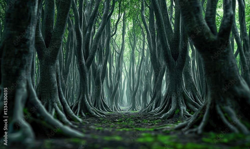 Aufkleber step into an enchanted forest with dense trees and exposed roots creating a captivating scene.