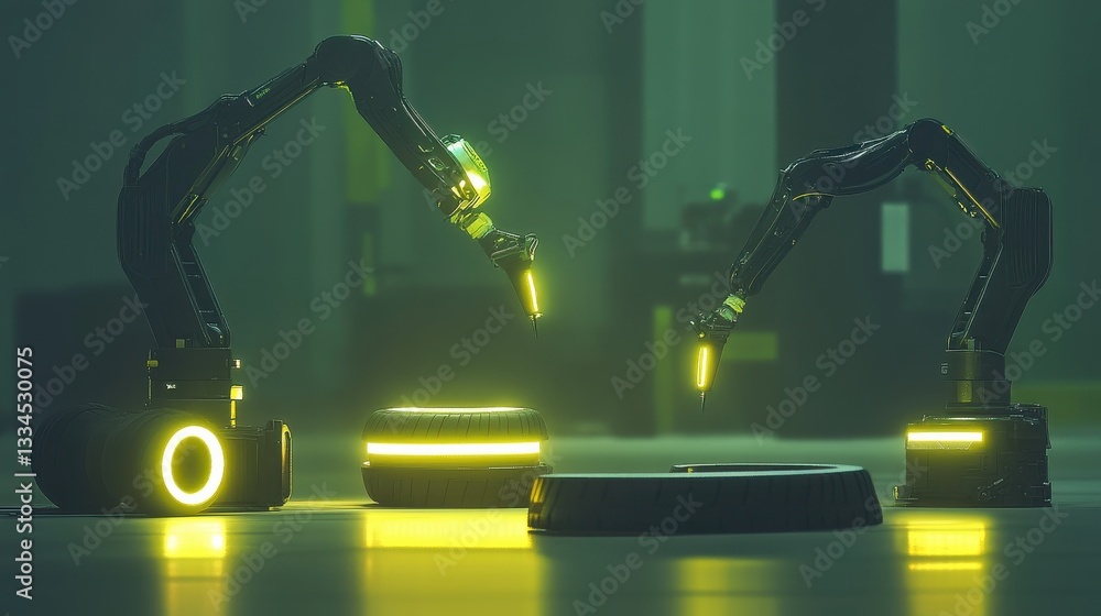 Poster advanced robotic arms conducting seamless precision fitting of car bumpers amidst a high-tech worksh