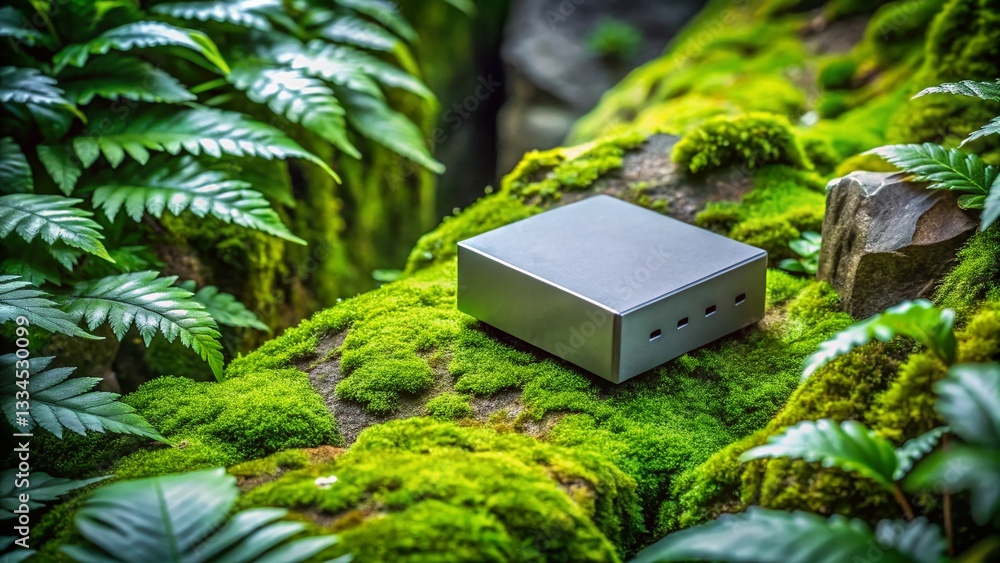 Poster luxury tech nature: minimalist networking device in green mossy setting