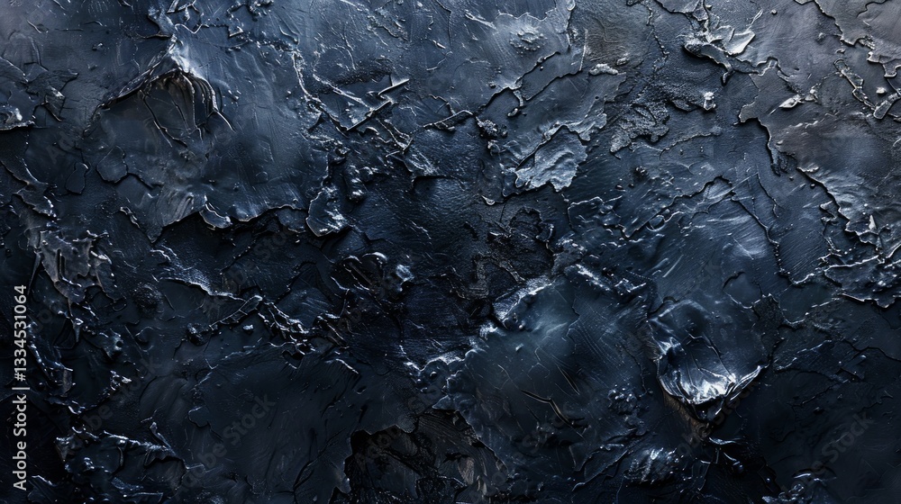 Poster deeply textured abstract background featuring dark blue and black hues with rough and uneven surface