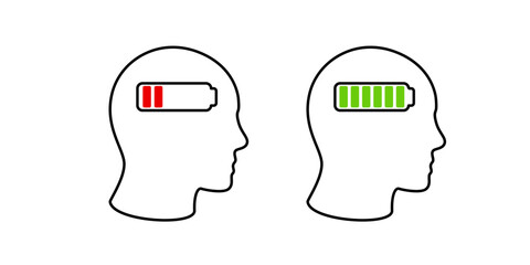 Visual representation of human energy states using red low and green high battery icons in heads.
