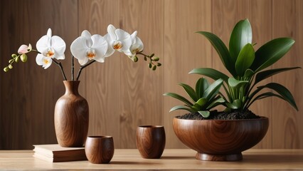 Orchid in a wooden vase with other wooden bowls. Elegant, natural design perfect for still life, home decor, or floral themes.